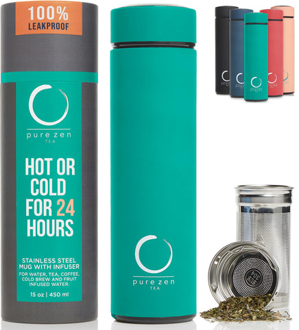 Pure Zen Tea thermos infusion bottle enables on-the-go flavorful hot or cold drinks.