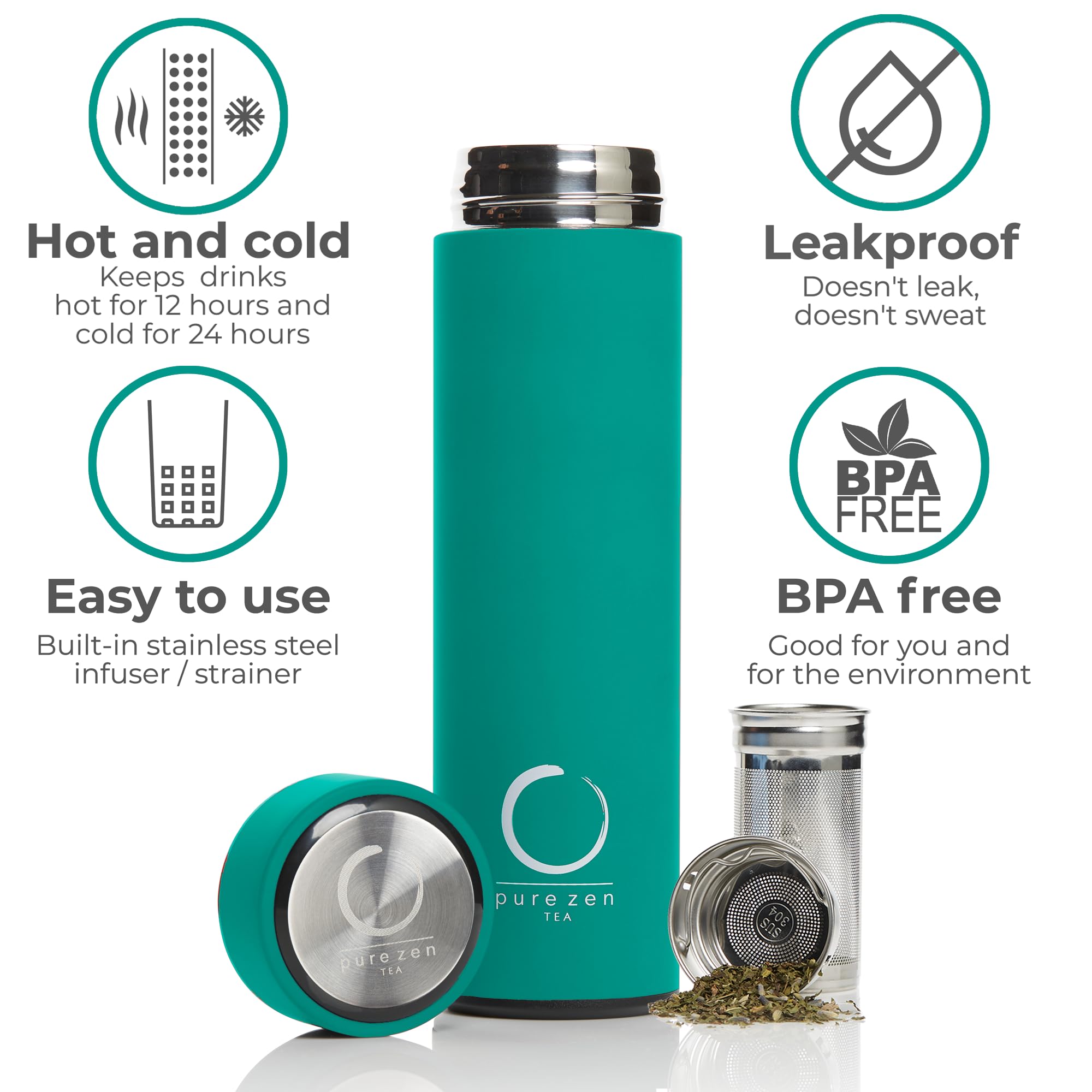 Pure Zen Tea thermos leakproof cap prevents spills during commutes and workouts.