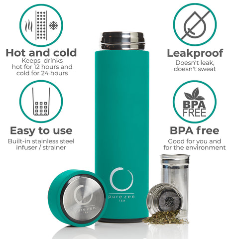 Pure Zen Tea thermos leakproof cap prevents spills during commutes and workouts.