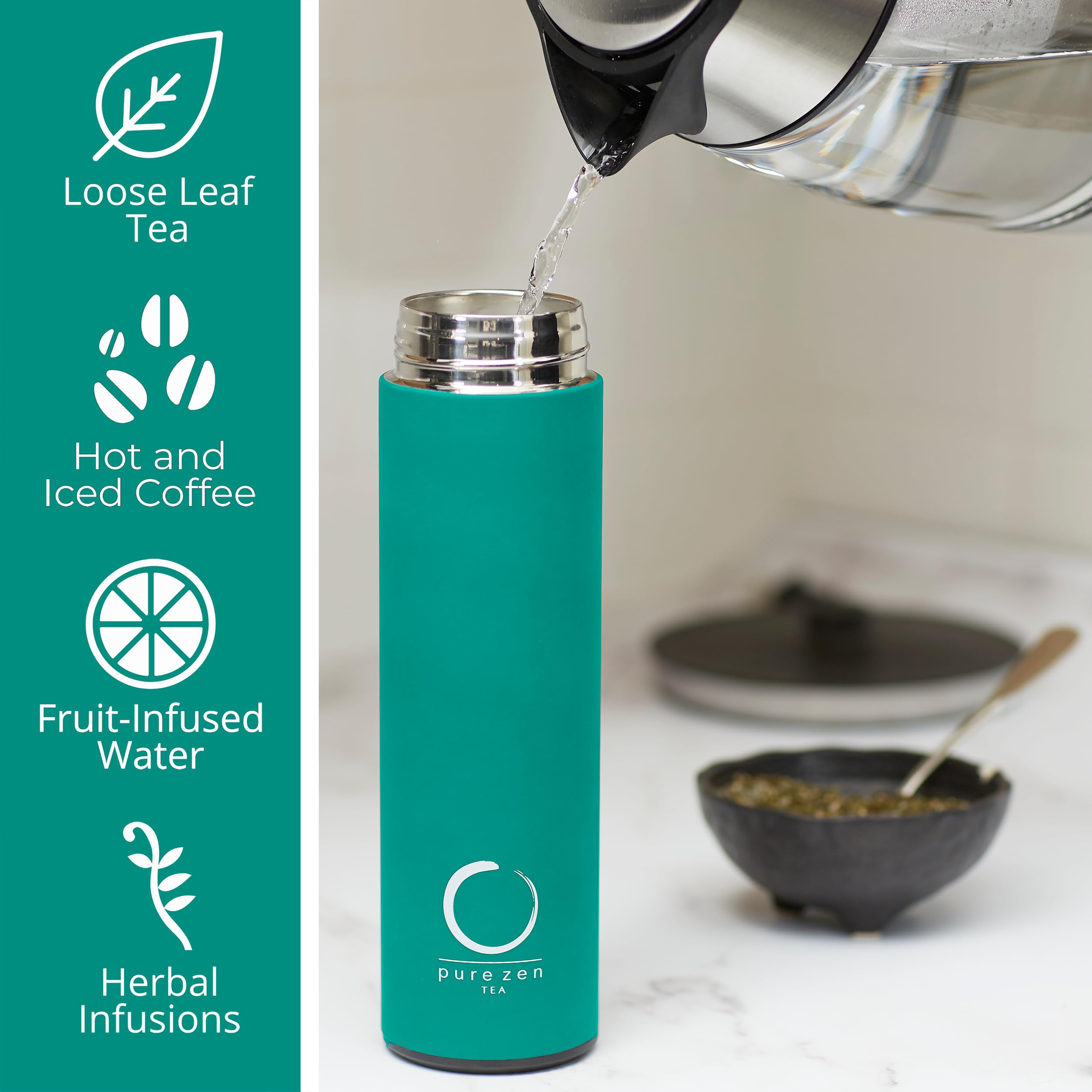 Pure Zen Tea thermos long infuser supports full submersion for richer brews.
