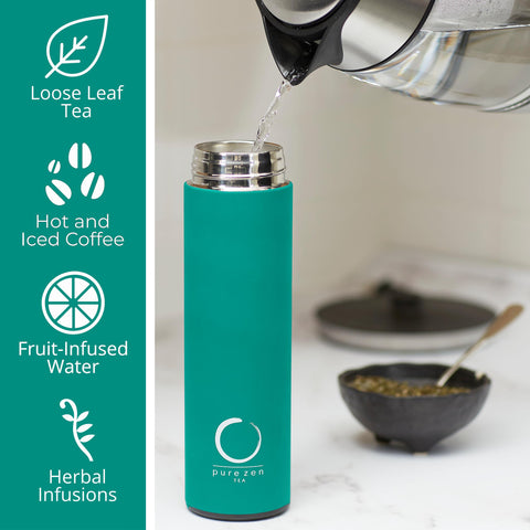 Pure Zen Tea thermos long infuser supports full submersion for richer brews.