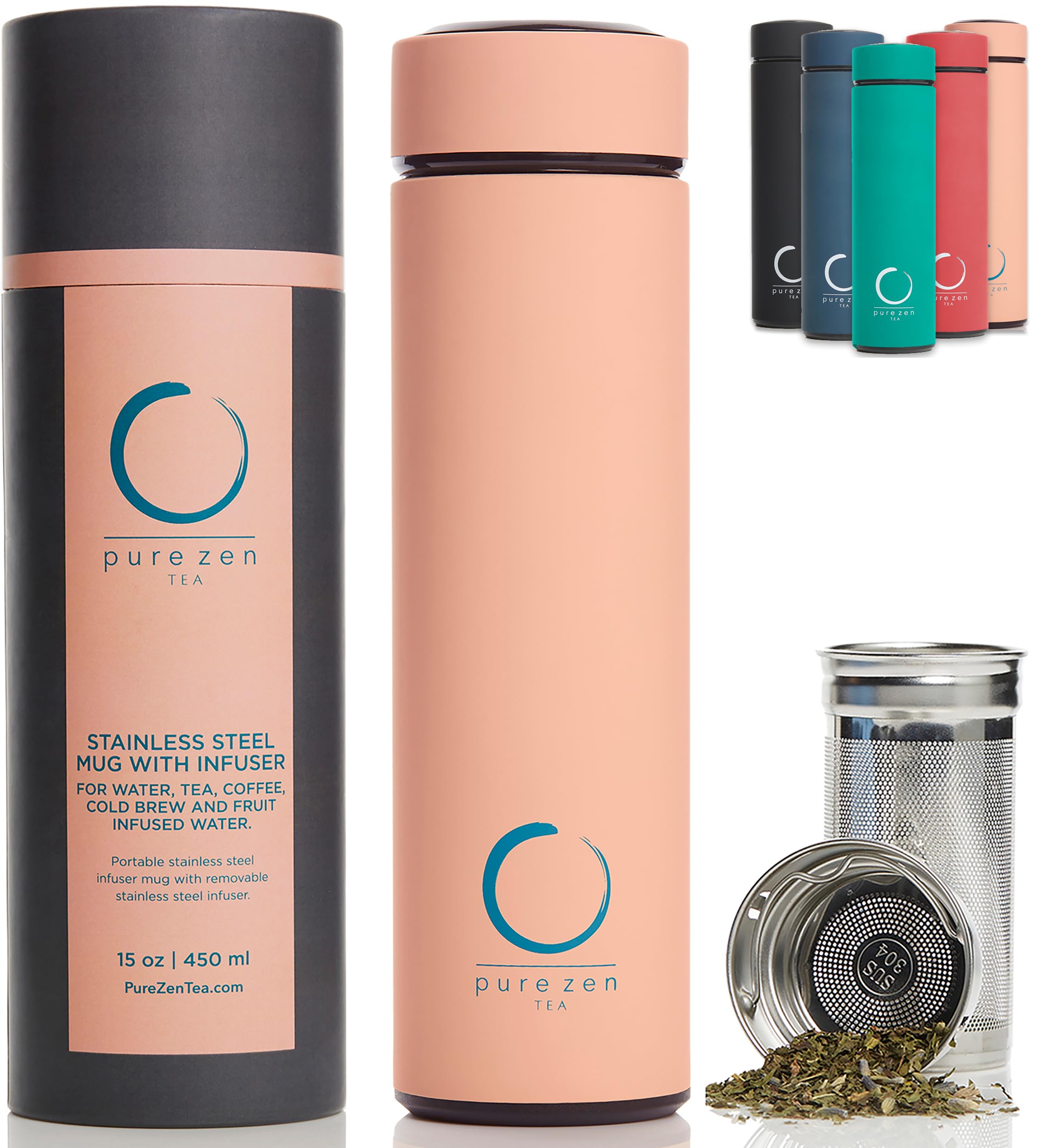 Pure Zen Tea thermos pink exterior keeps drinks hot or cold on the go
