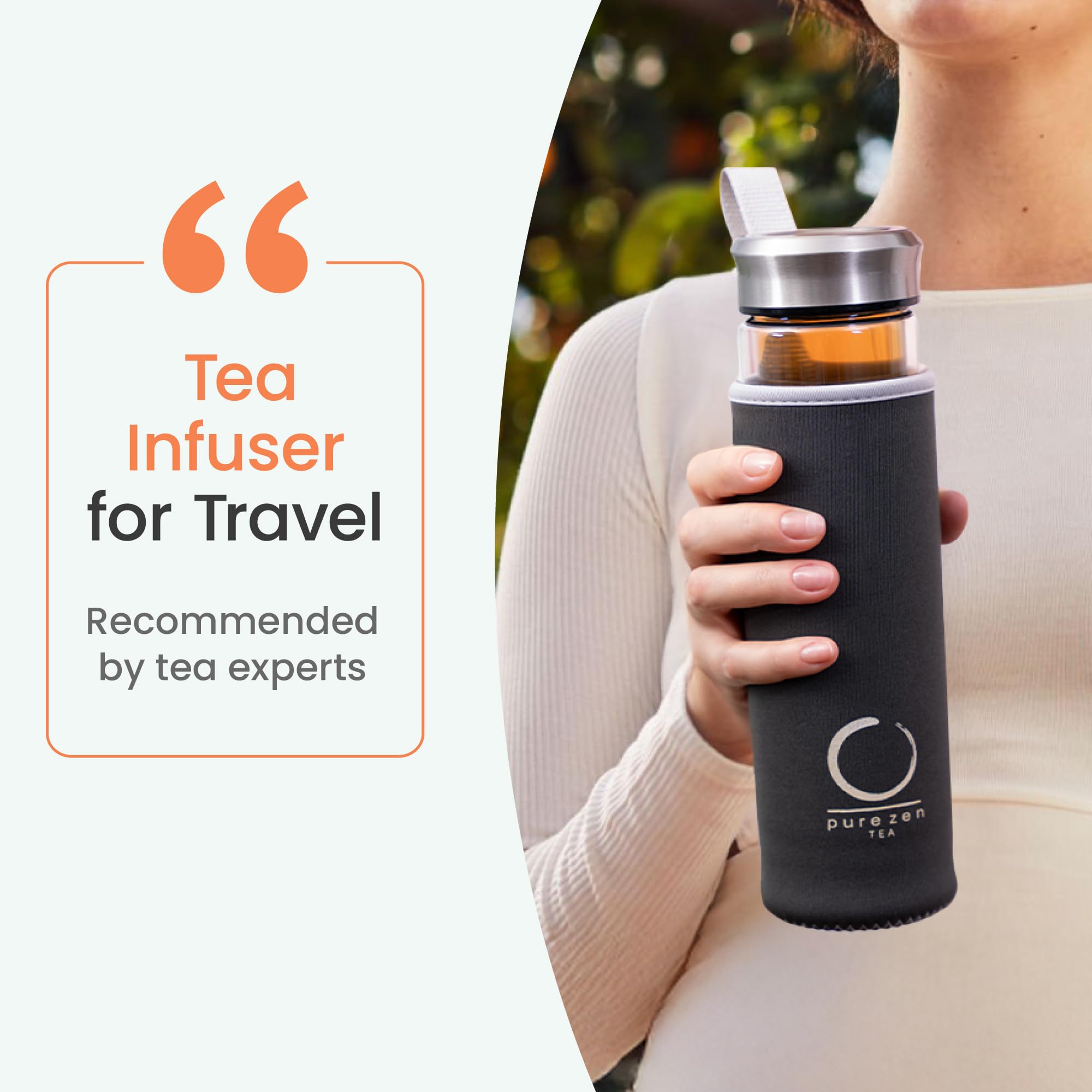 Pure Zen Tea tumbler flat lid provides stable placement when set down