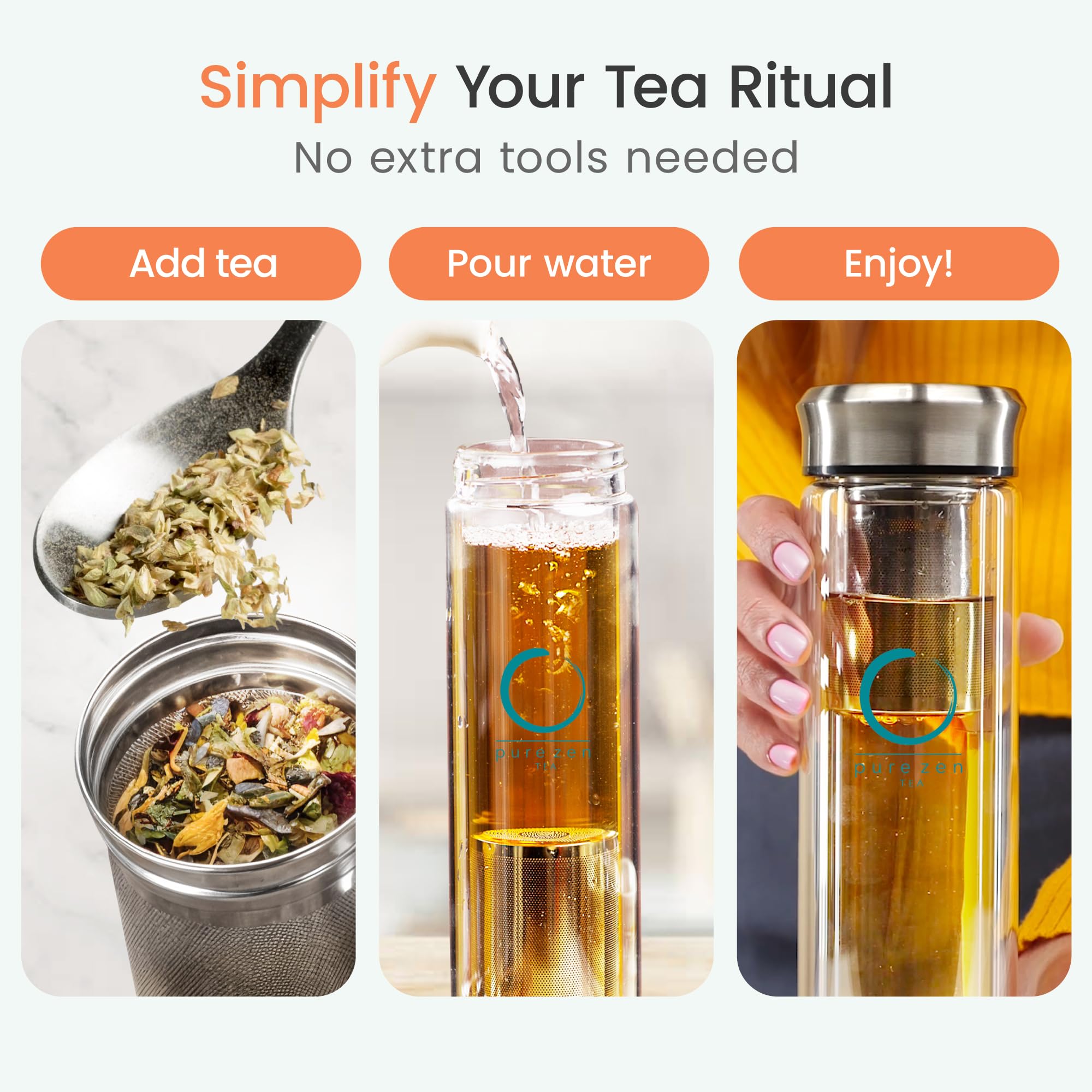 Pure Zen Tea tumbler stainless filter enables easy, clean infusion for tea or fruit water