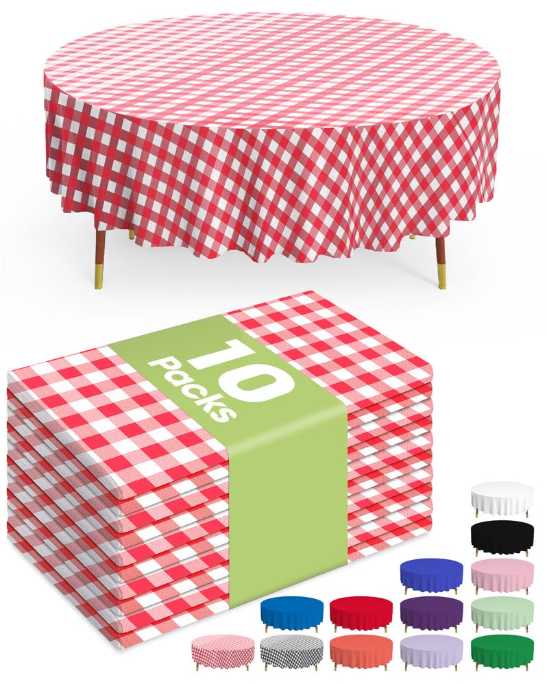 Pureegg 84-inch round red plaid tablecloth laid flat for festive meal coverage