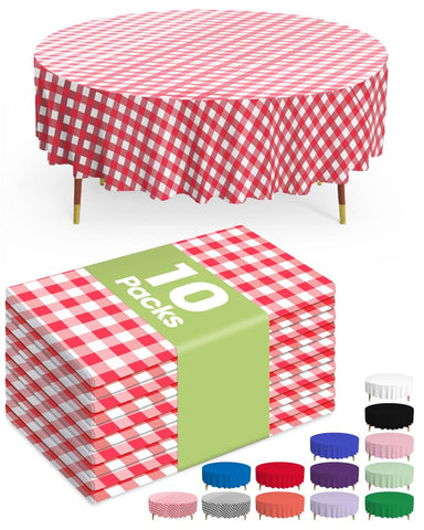 Pureegg 84-inch round red plaid tablecloth laid flat for festive meal coverage