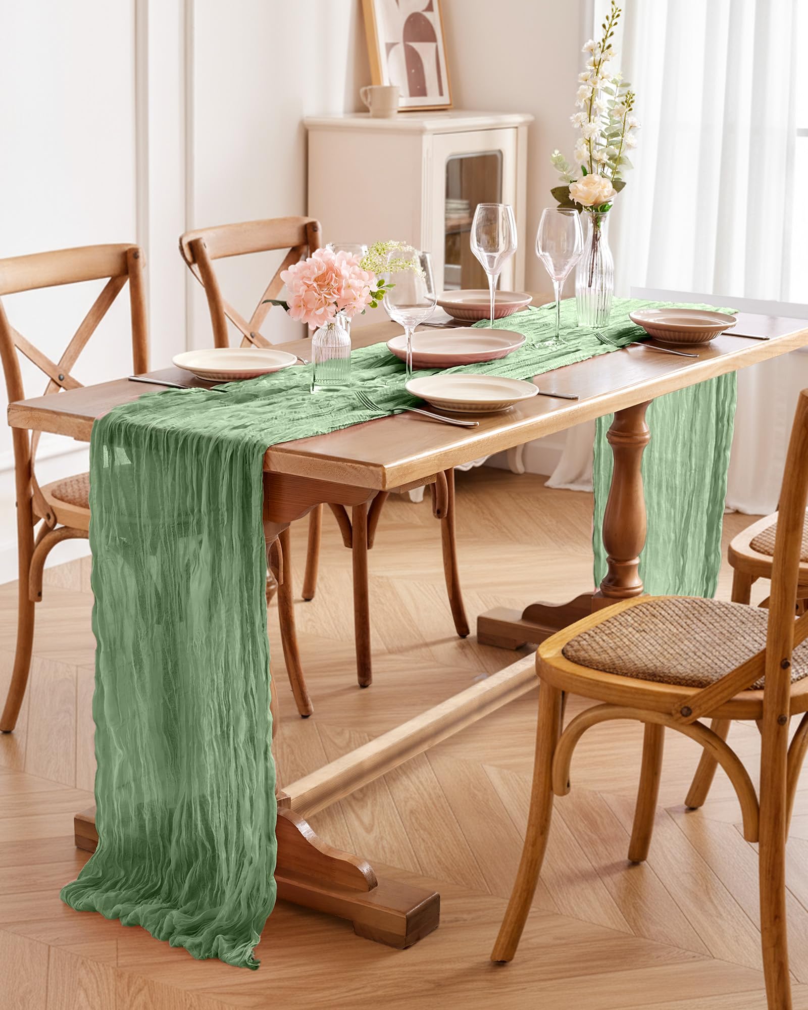 Baby shower table setting with Pureegg cheesecloth runner.