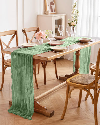 Baby shower table setting with Pureegg cheesecloth runner.