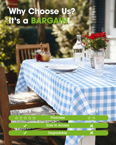Pureegg blue plaid tablecloth on dining area for everyday use.