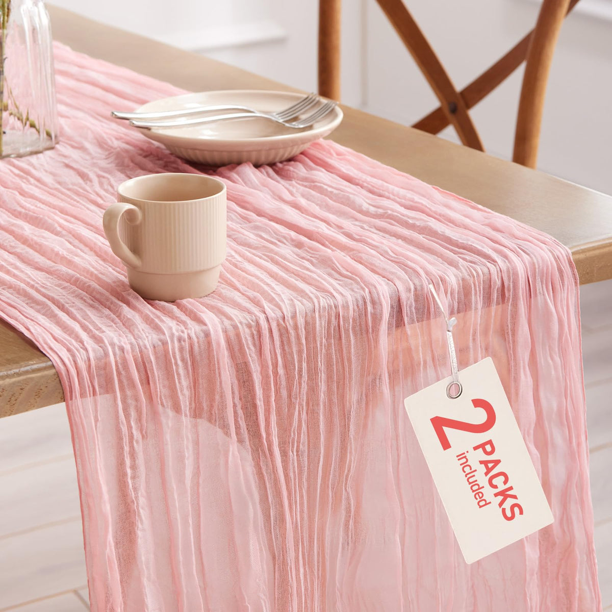 Pureegg cheese cloth table runner in dusty pink adds rustic wedding charm.