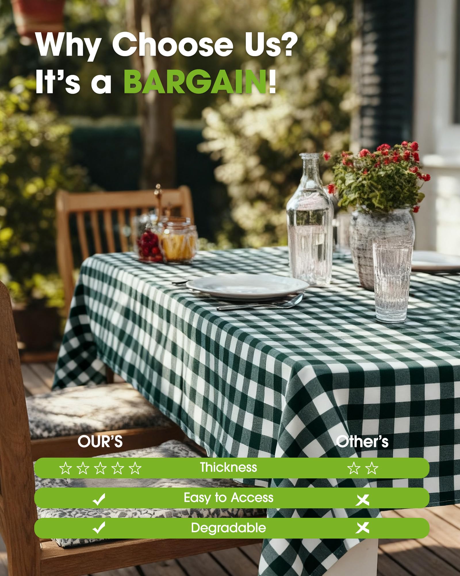 Pureegg dining room setup with plaid tablecloth on table.