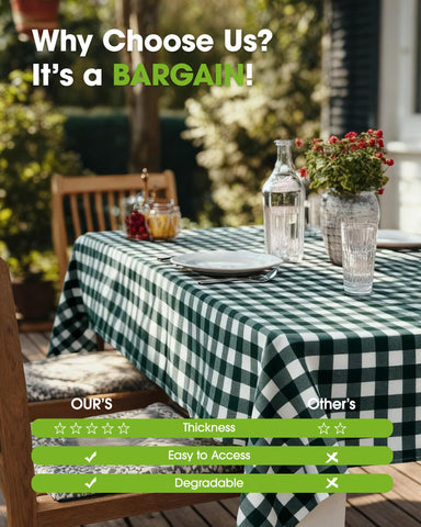 Pureegg dining room setup with plaid tablecloth on table.
