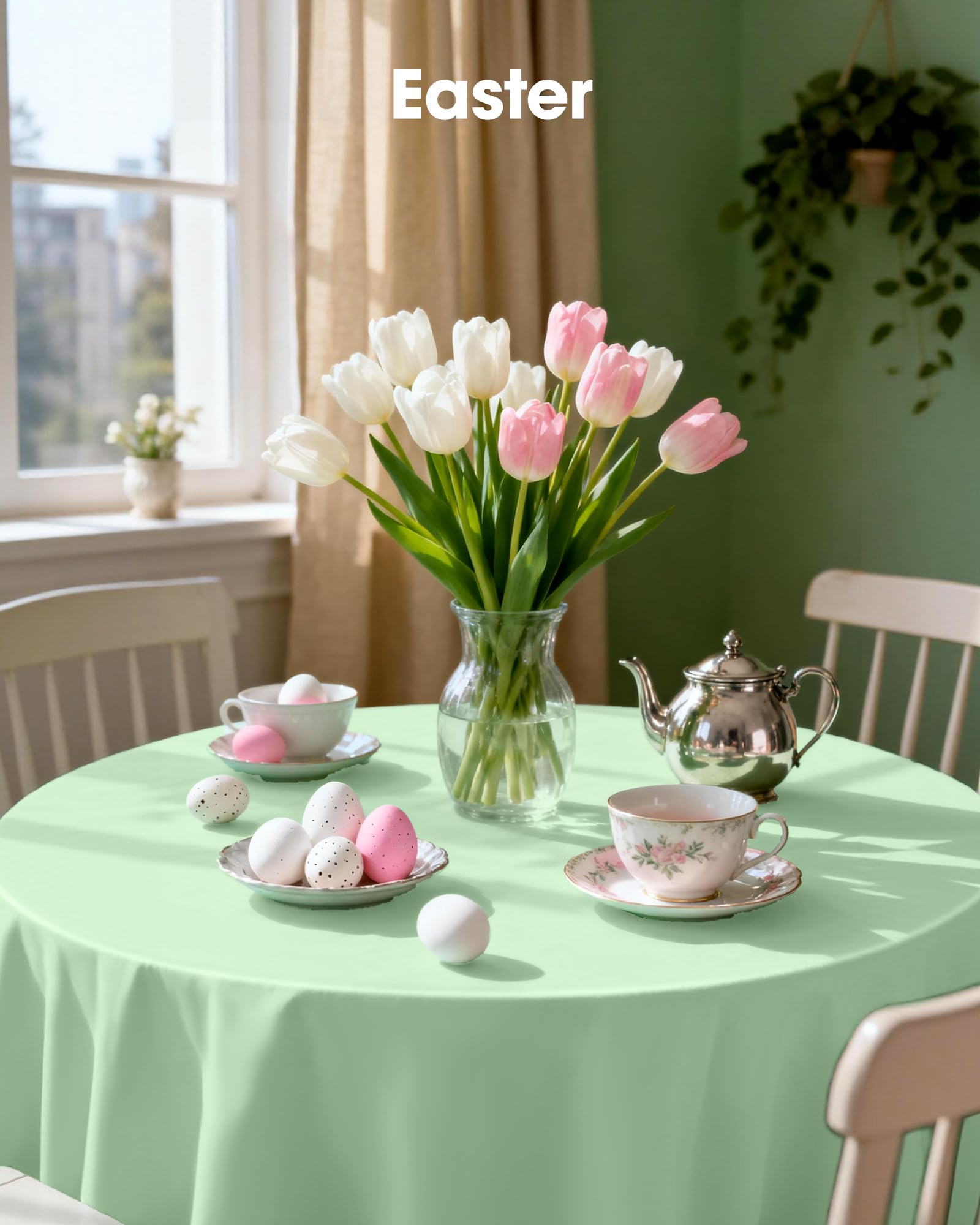 Easter celebration setting using Pureegg table cloth to prevent spills.