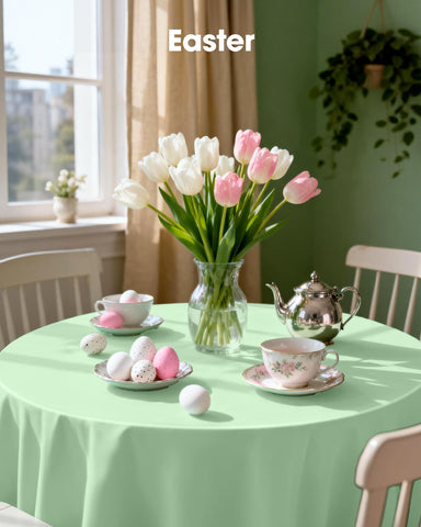 Easter celebration setting using Pureegg table cloth to prevent spills.
