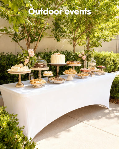 Outdoor wedding table with Pureegg snug-fit cover in place.