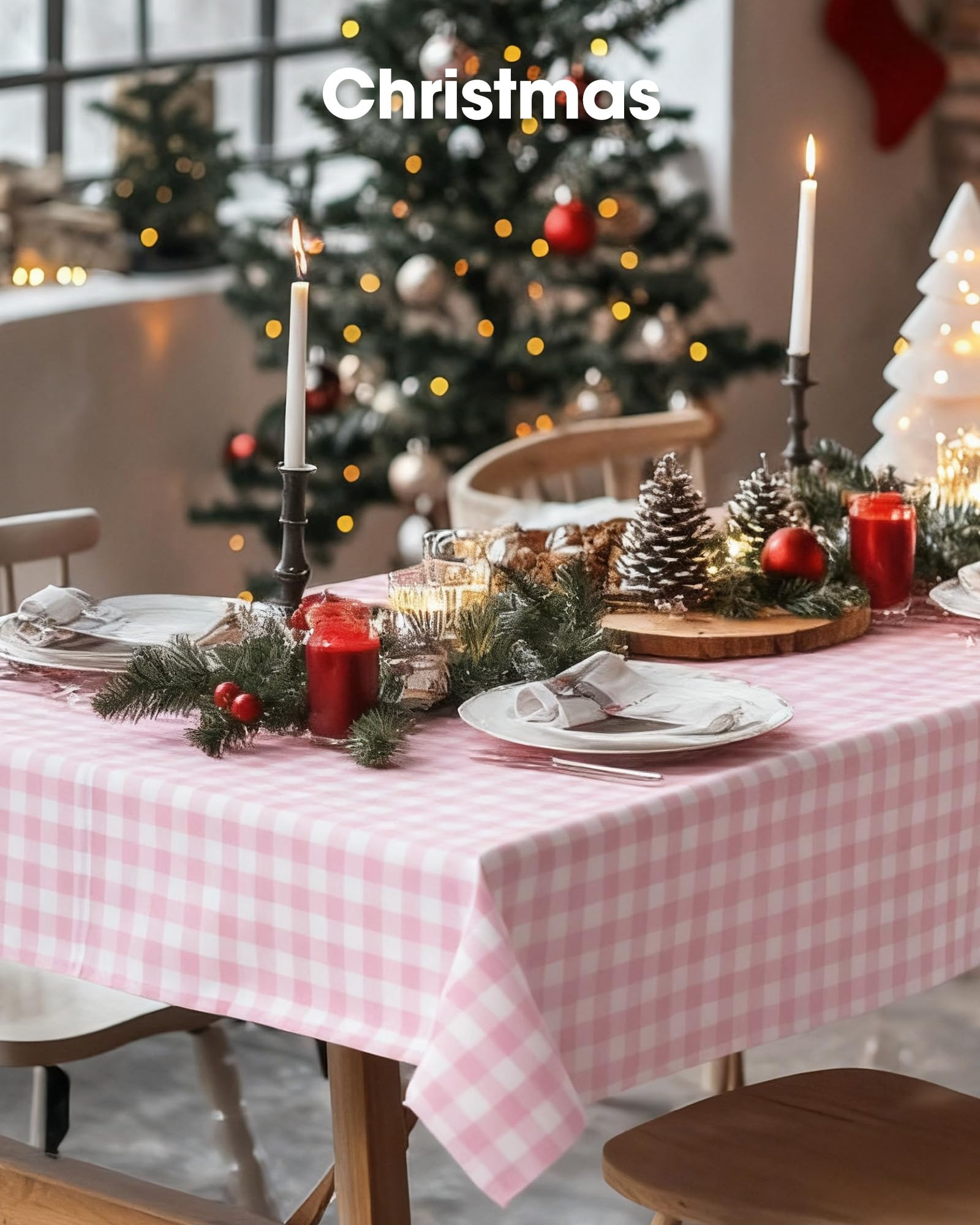 Pureegg pink plaid tablecloth wrinkle-free and easy cleanup.