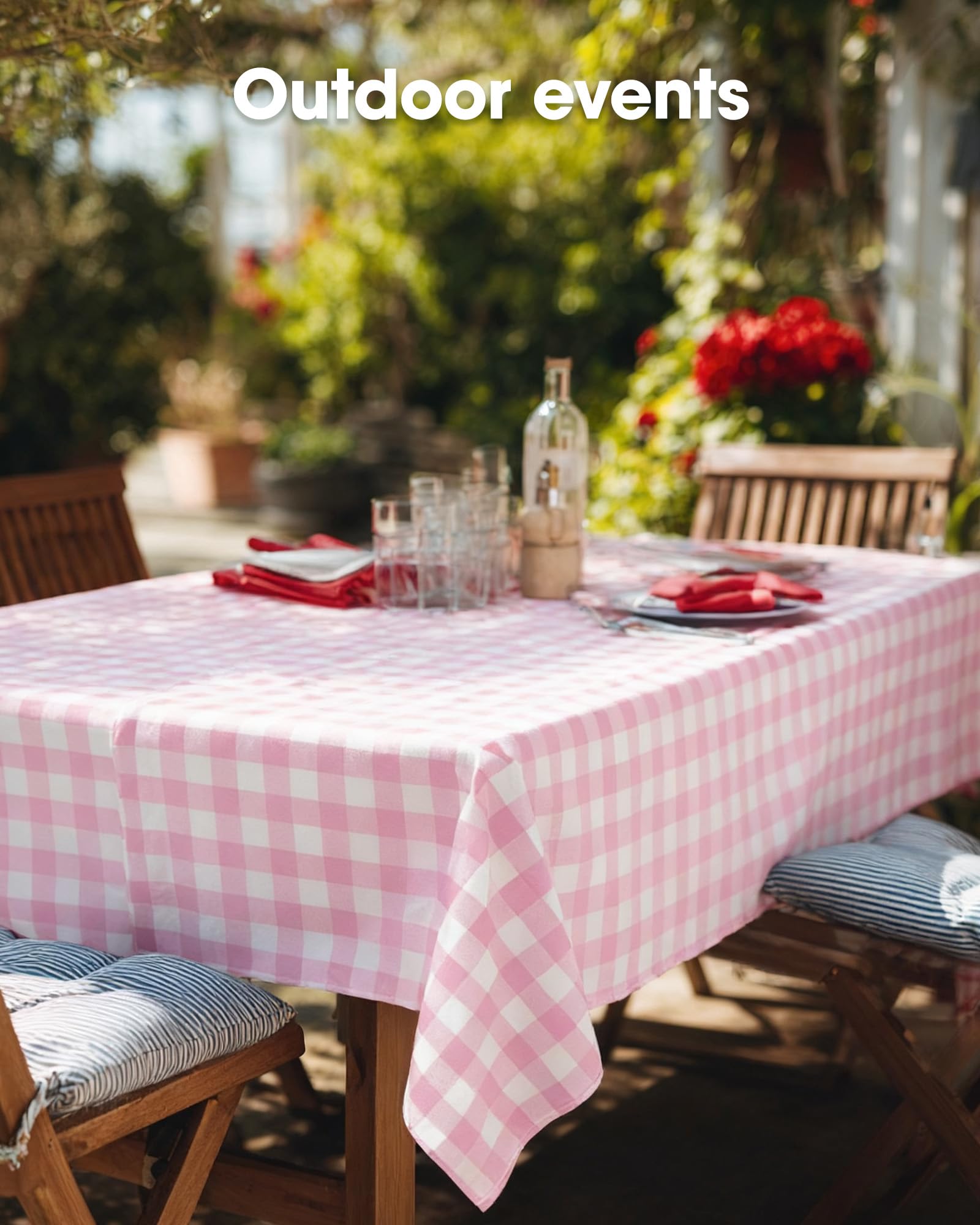 Pureegg pink plaid tablecloth protects surfaces during meals.