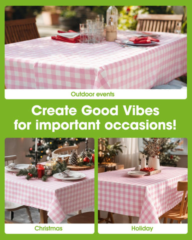 Pureegg pink plaid tablecloth close-up shows durable PEVA material.