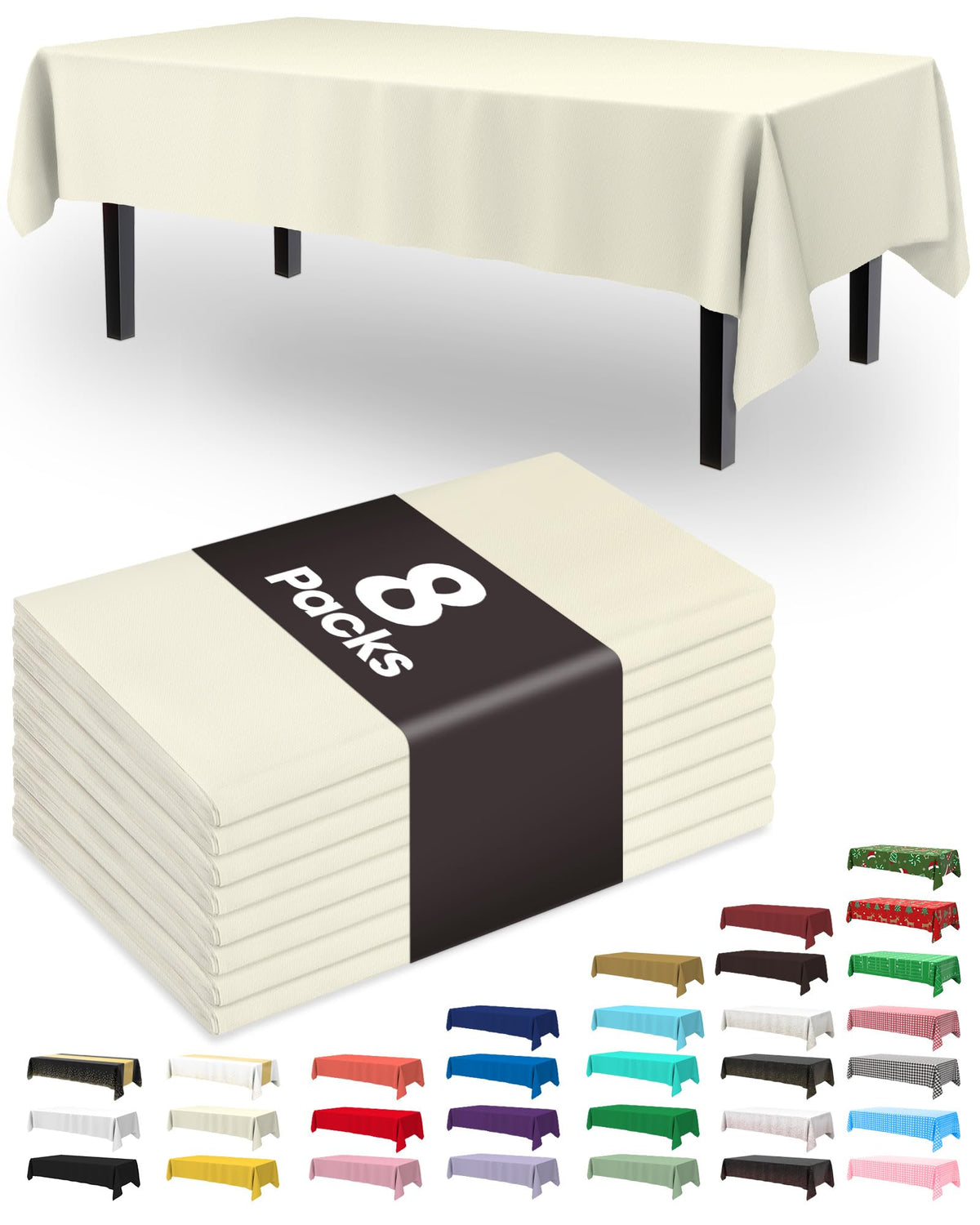 Pureegg rectangle 54x108 cream tablecloth close-up showing durable, spill-resistant surface.