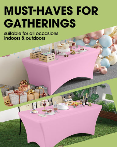 Pureegg pink 6ft tablecloth demonstrates secure elastic pockets for windy settings.