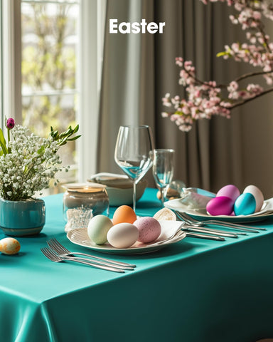 Pureegg teal tablecloth in a modern dining room setup