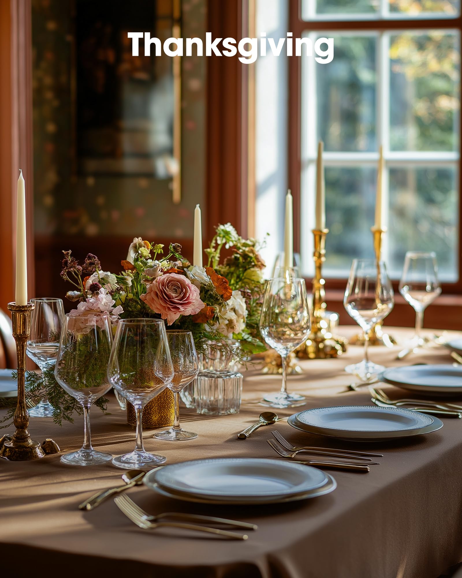 Harvest brown Pureegg tablecloth used as fall Thanksgiving decor