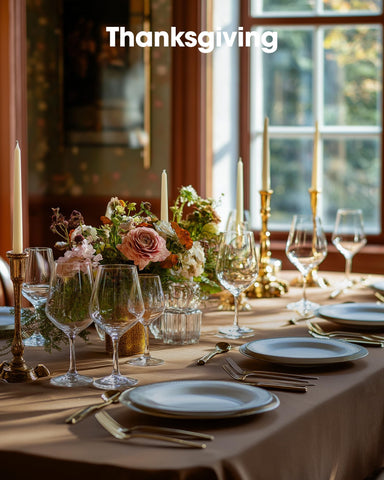 Harvest brown Pureegg tablecloth used as fall Thanksgiving decor