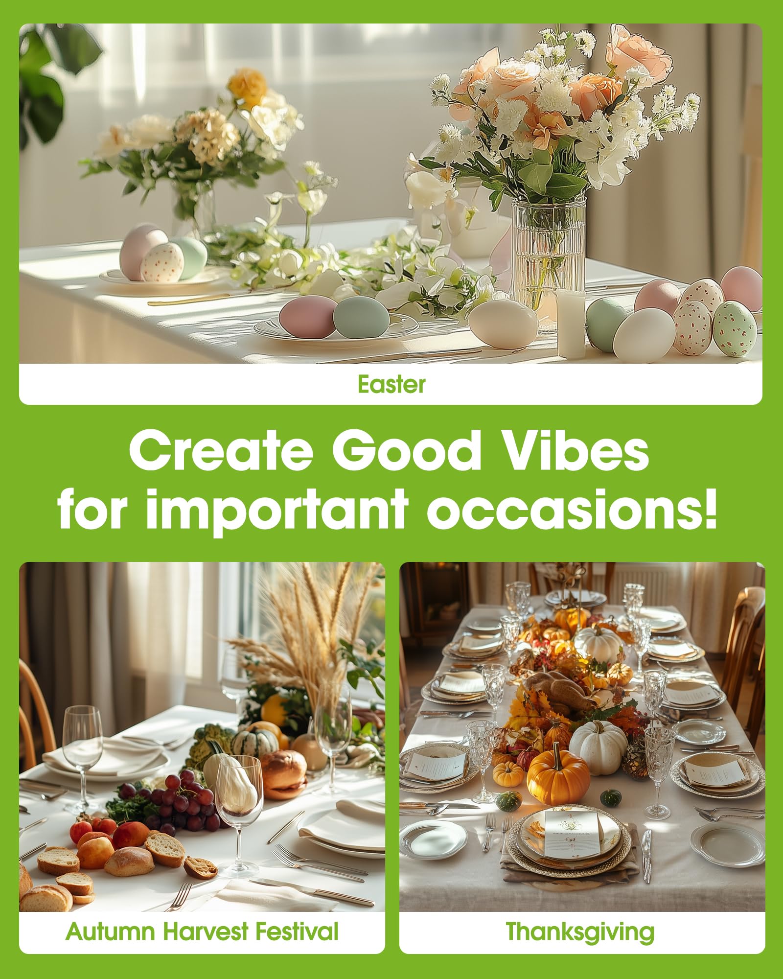 Pureegg waterproof cream tablecloth covers rectangular surfaces for indoor and outdoor meals.