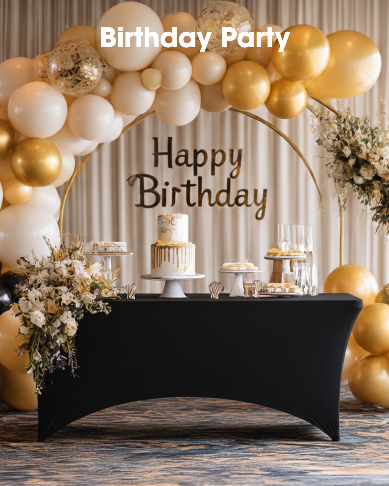 Pureegg wedding banquet setup with elegant black tablecloths.