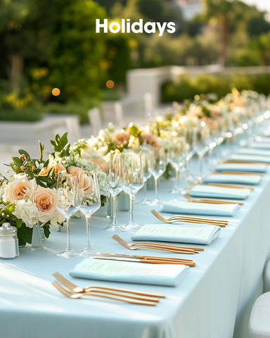 Pureegg wedding reception styling with bold baby blue tablecloth accents.