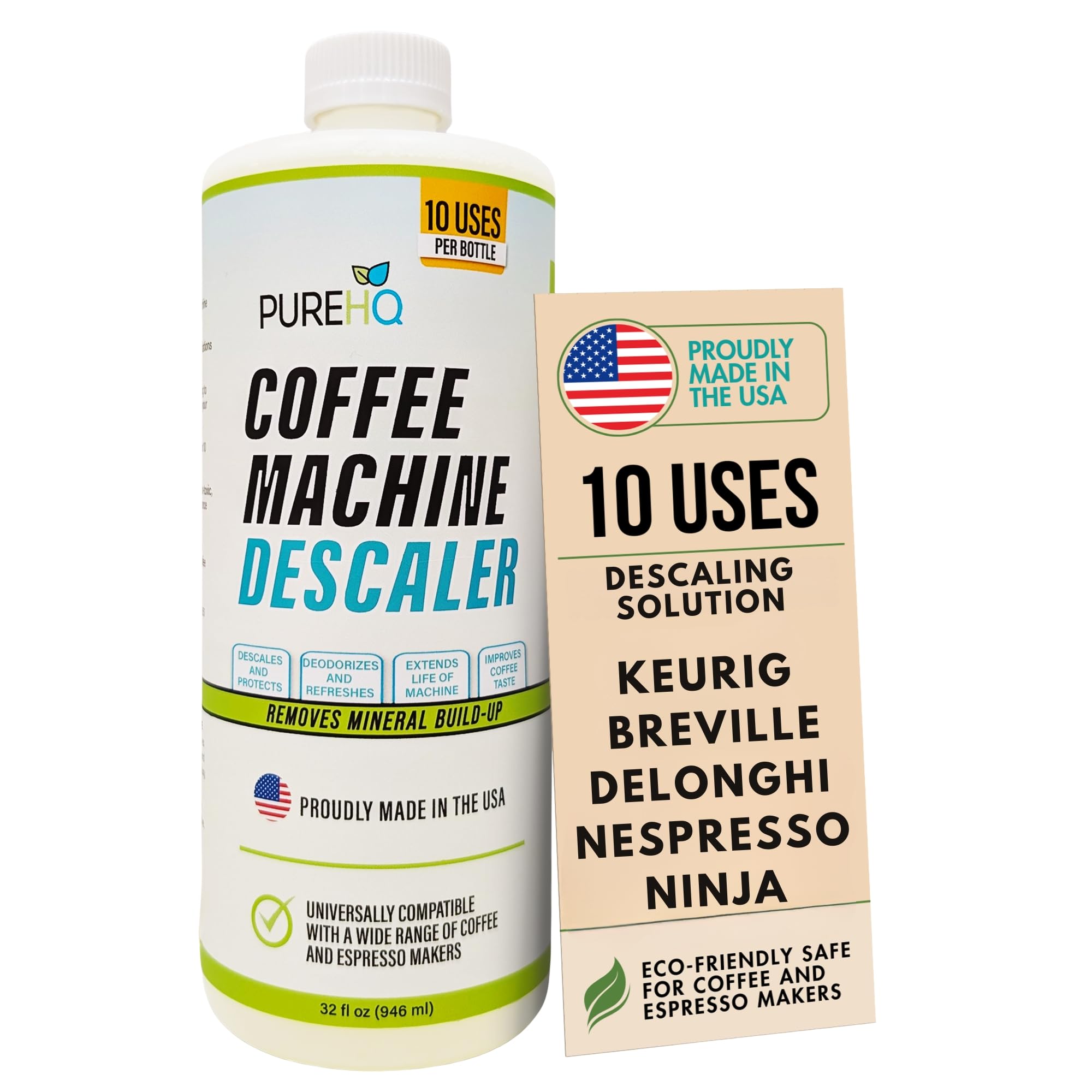 PUREHQ Coffee Descaler bottle full, ready for universal descaling across machines.