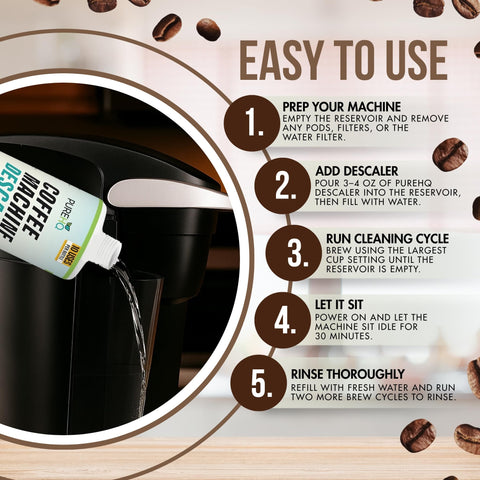 PUREHQ Coffee Descaler compatibility icons highlight cross-brand compatibility.
