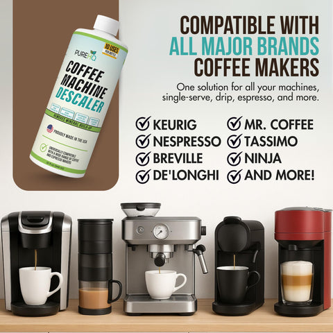 PUREHQ Coffee Descaler in-machine cleaning, demonstrates descaling cycle activation.
