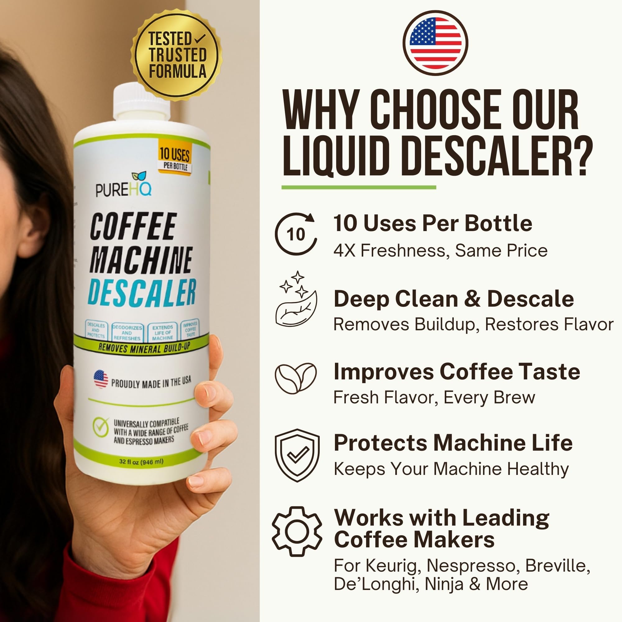 PUREHQ Coffee Descaler label closeup, highlighting compatibility with Keurig and more.