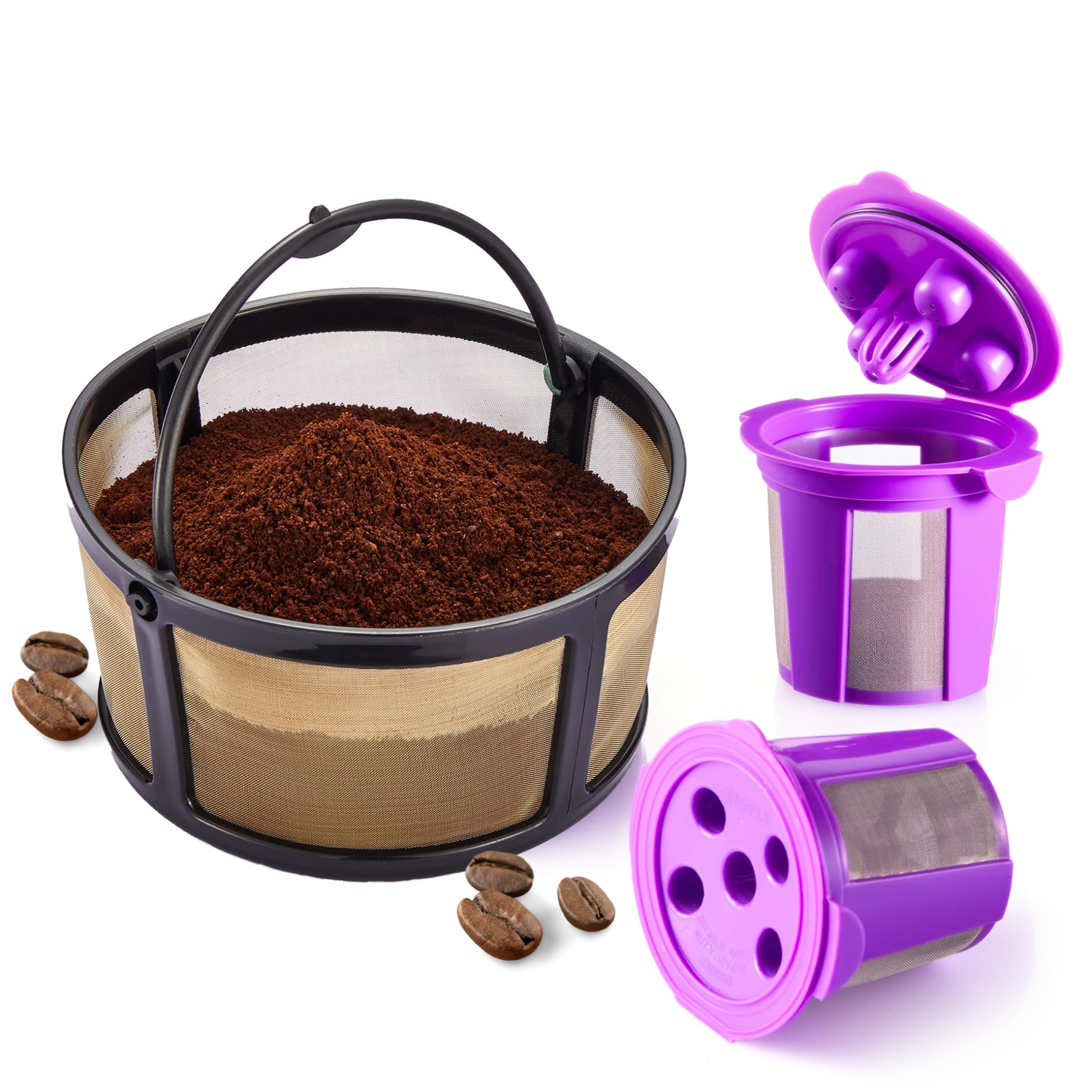 PureHQ gold-tone mesh filter close-up shows durable filtration for flavorful coffee.