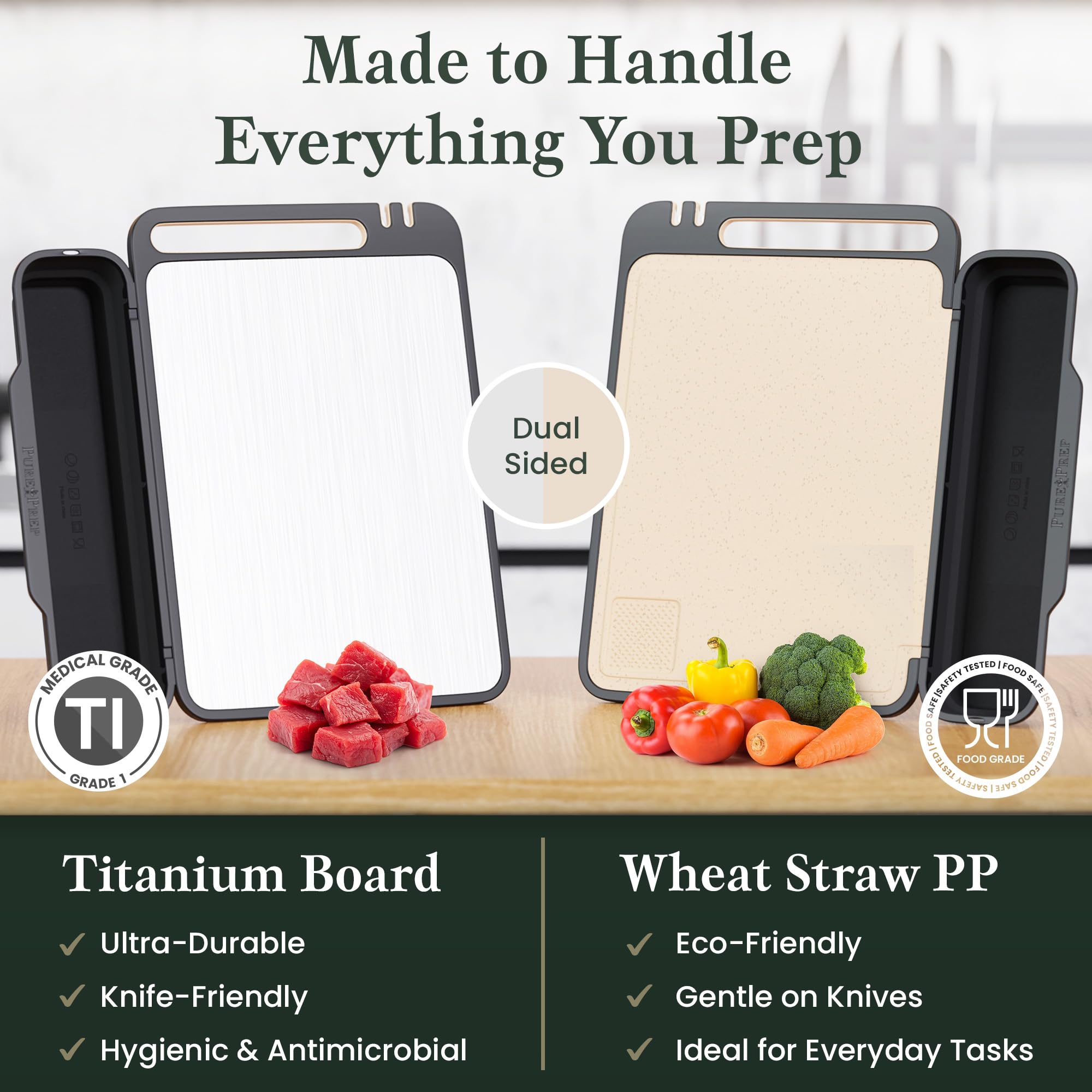 Pure Prep double-sided cutting board shown with meat/bone side for heavy prep