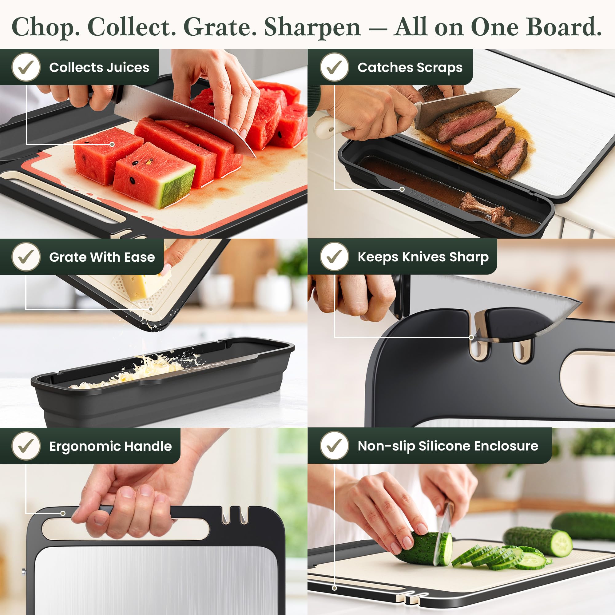 Pure Prep board edge with integrated knife sharpener keeps blades ready