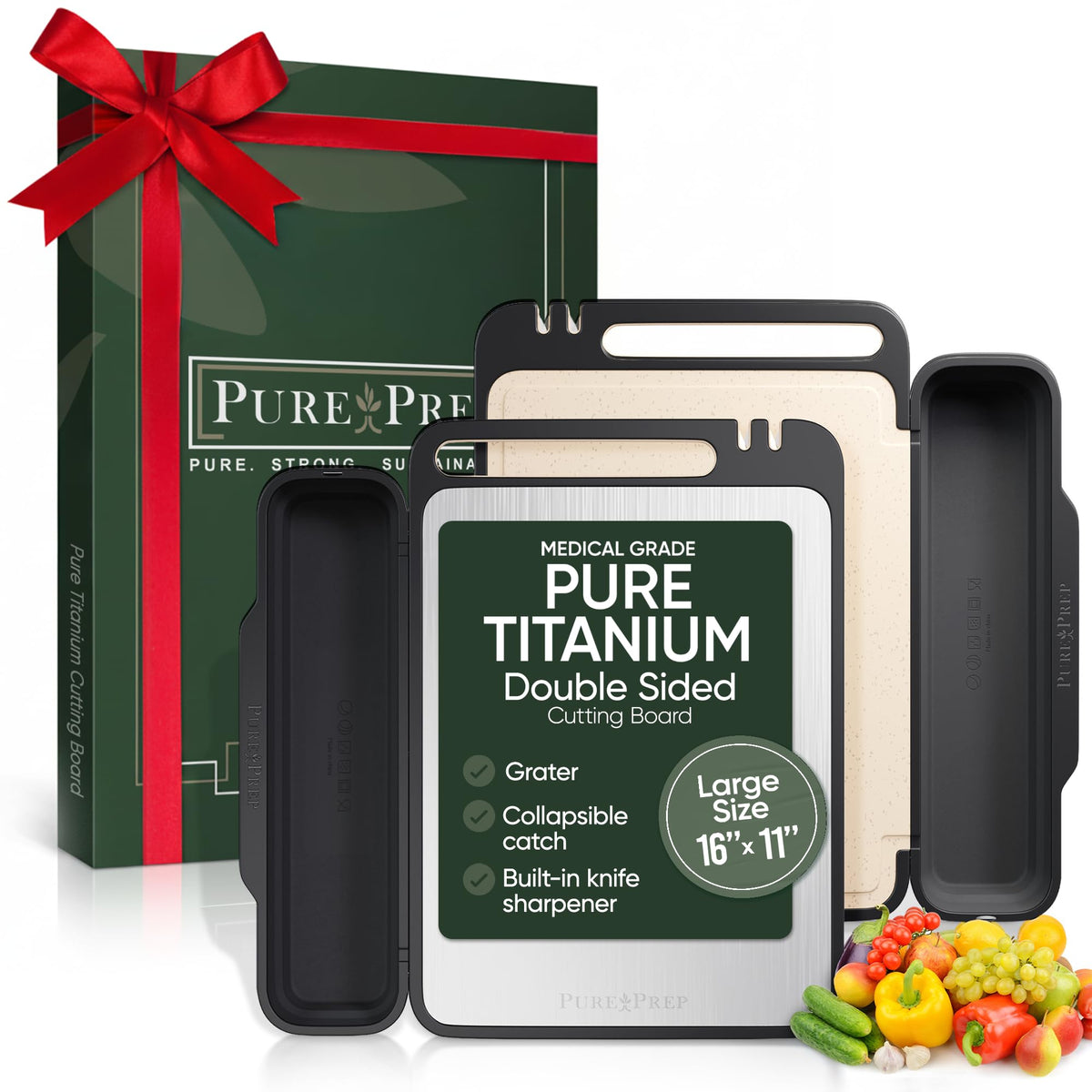Pure Prep titanium cutting board top view highlighting dual surfaces for meat and produce