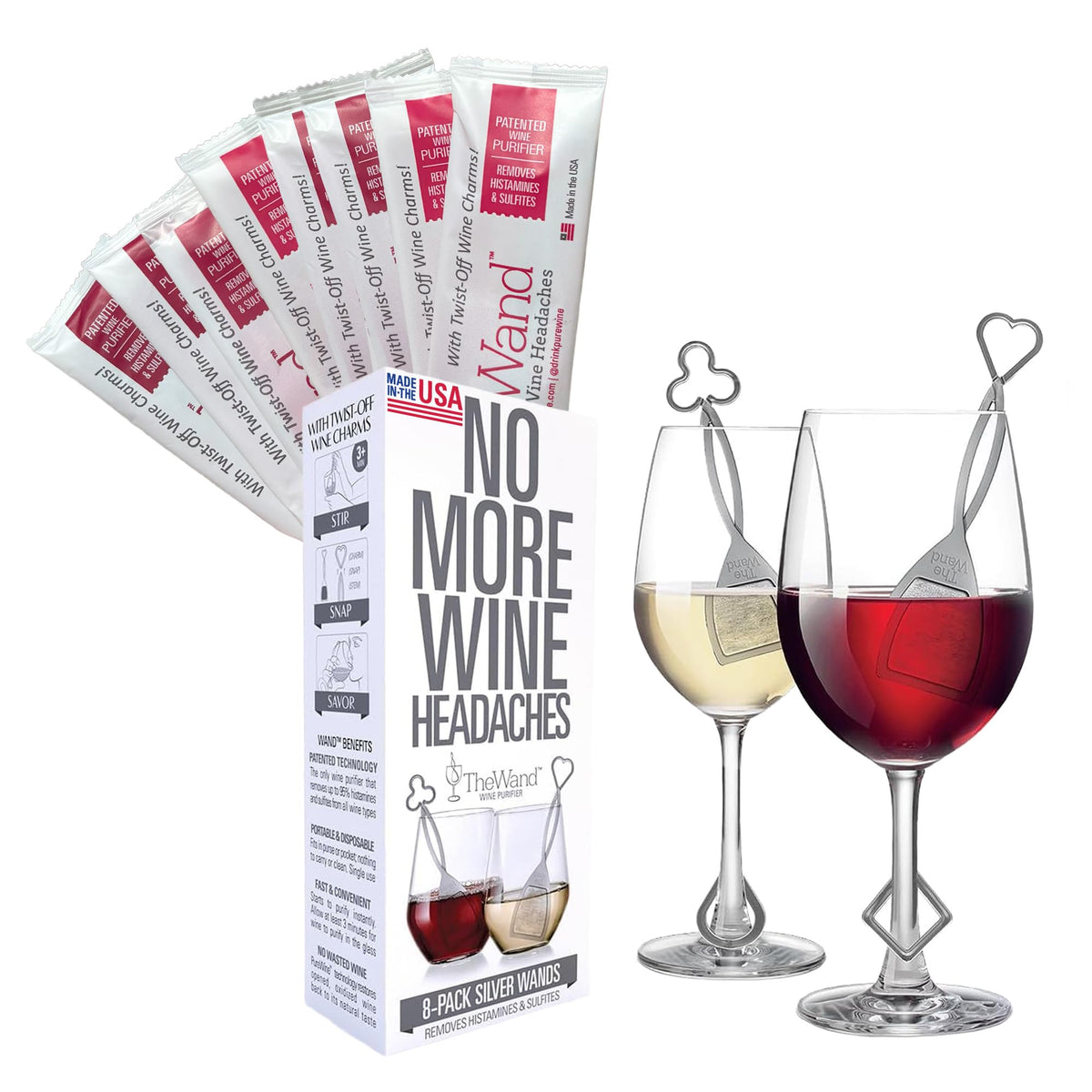 PureWine The Wand purifier beside a glass for a purer, preservative-free pour.