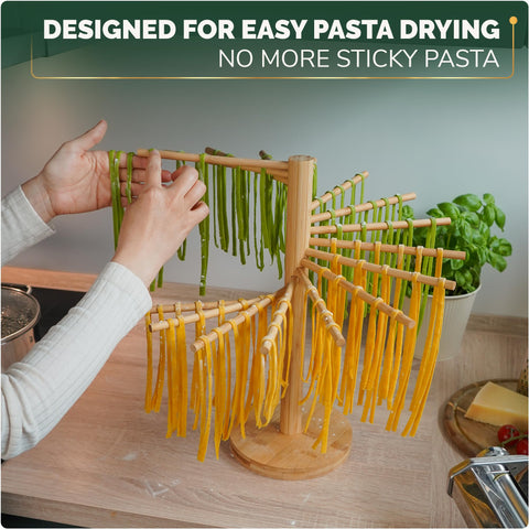 Purewood bamboo noodle dryer stand shown with multiple arms for even drying.