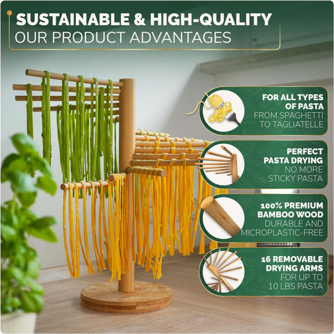 Purewood bonus recipe book included beside bamboo rack suggests creative pasta ideas.