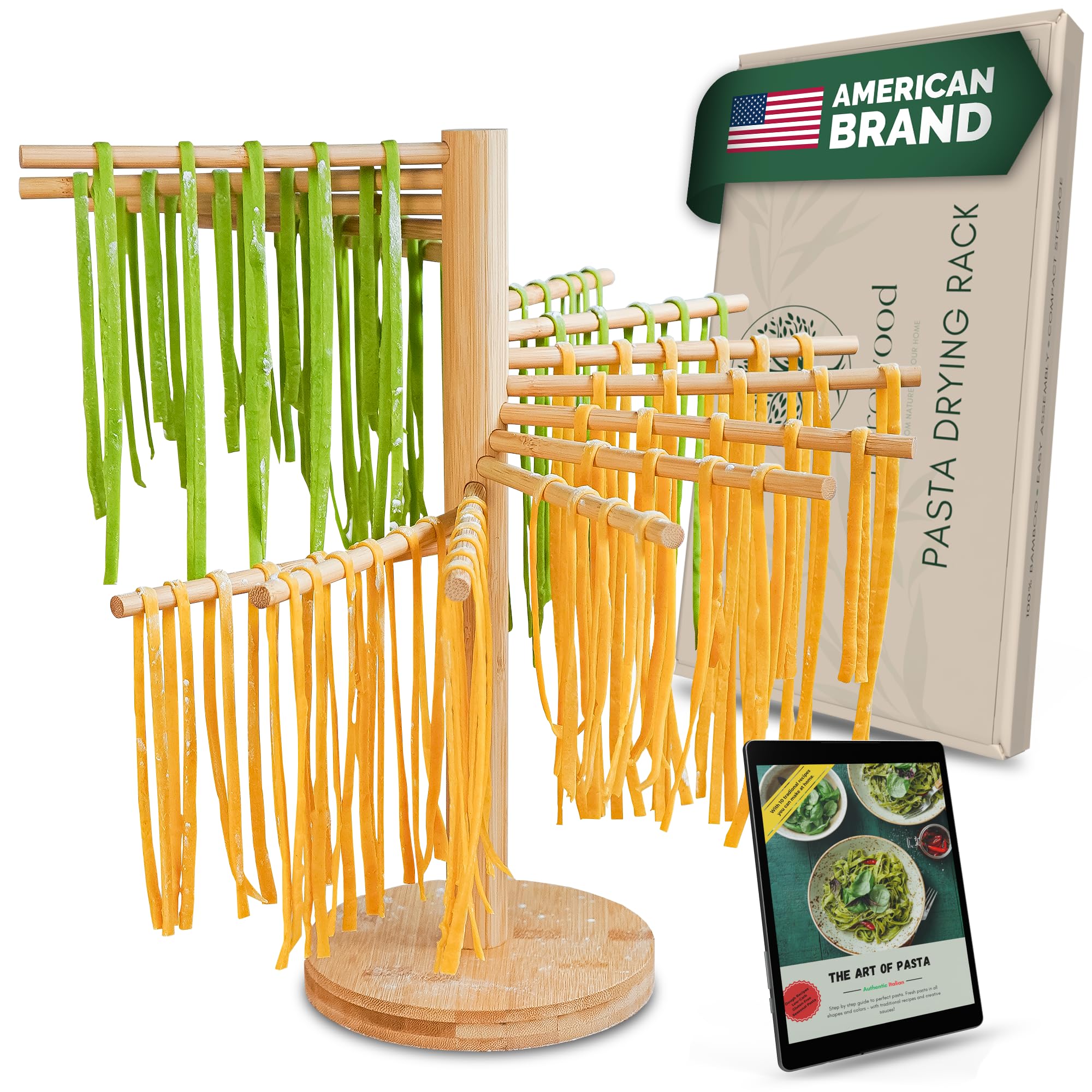 Purewood pasta drying rack collapsible in kitchen for fresh noodles drying.