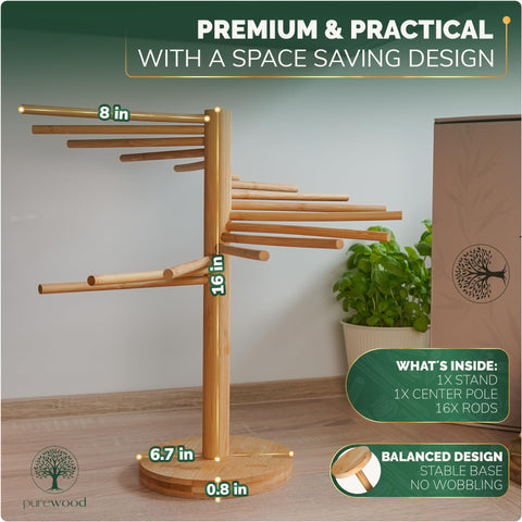 Purewood pasta maker accessory in use, keeping noodles tangle-free during air-drying.