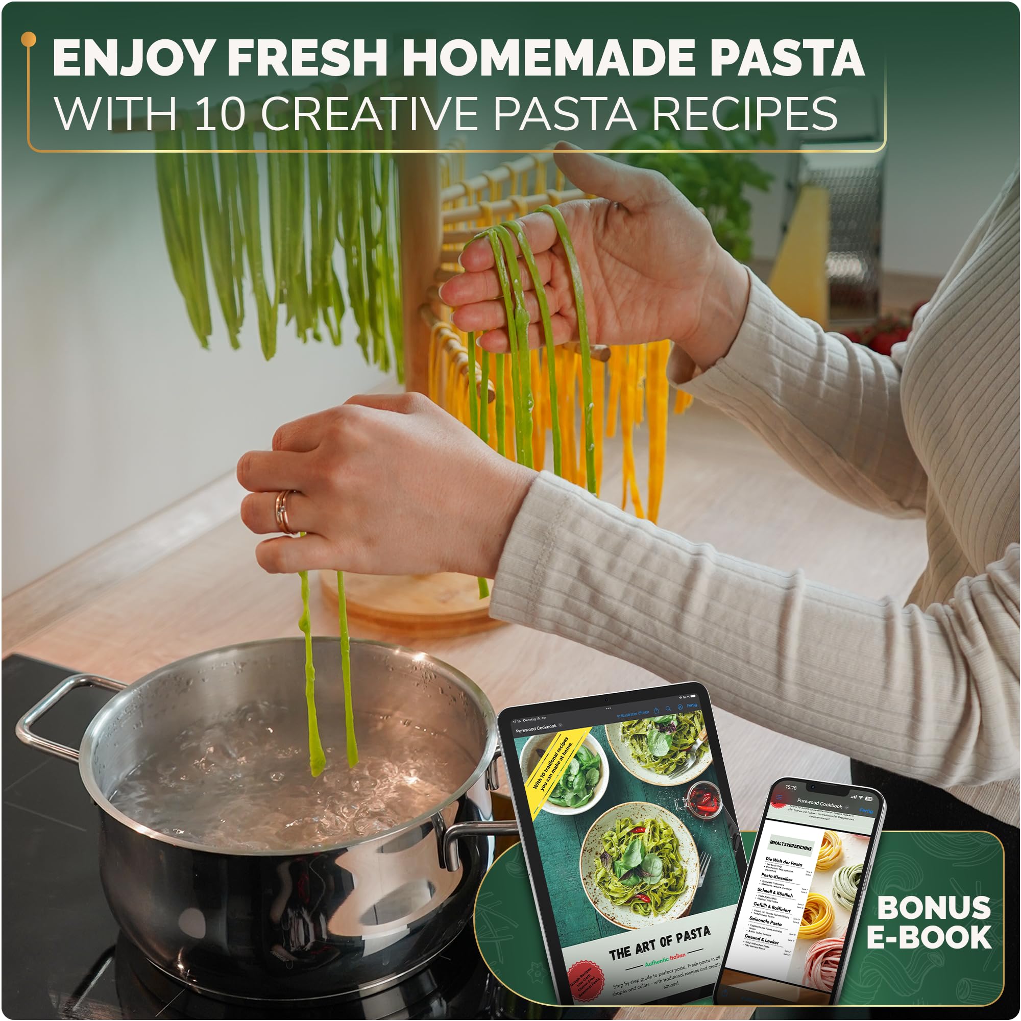 Purewood wooden pasta dryer arms extend to accommodate large batches of pasta.