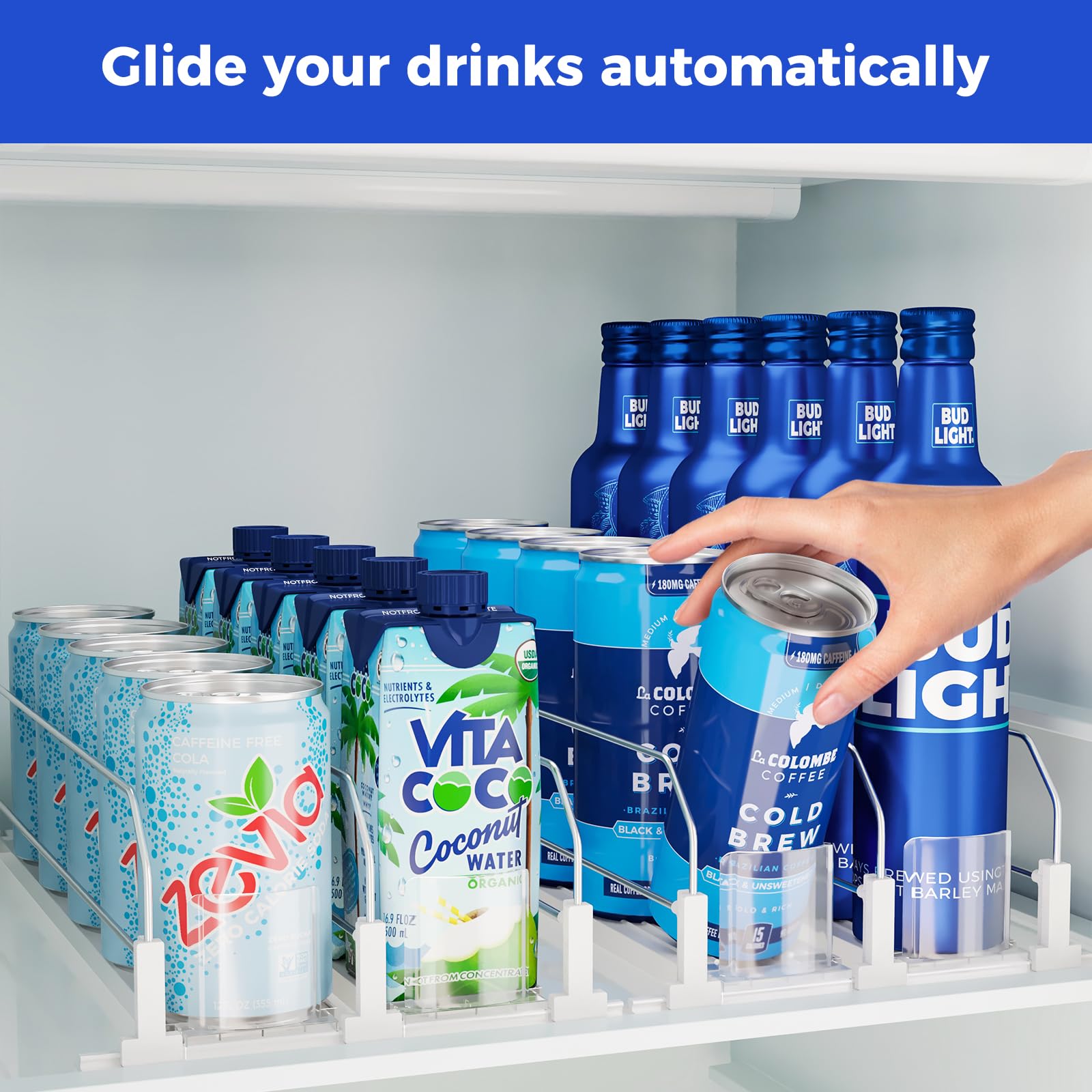 Puricon drink organizer side view highlighting adjustable width and versatile fit