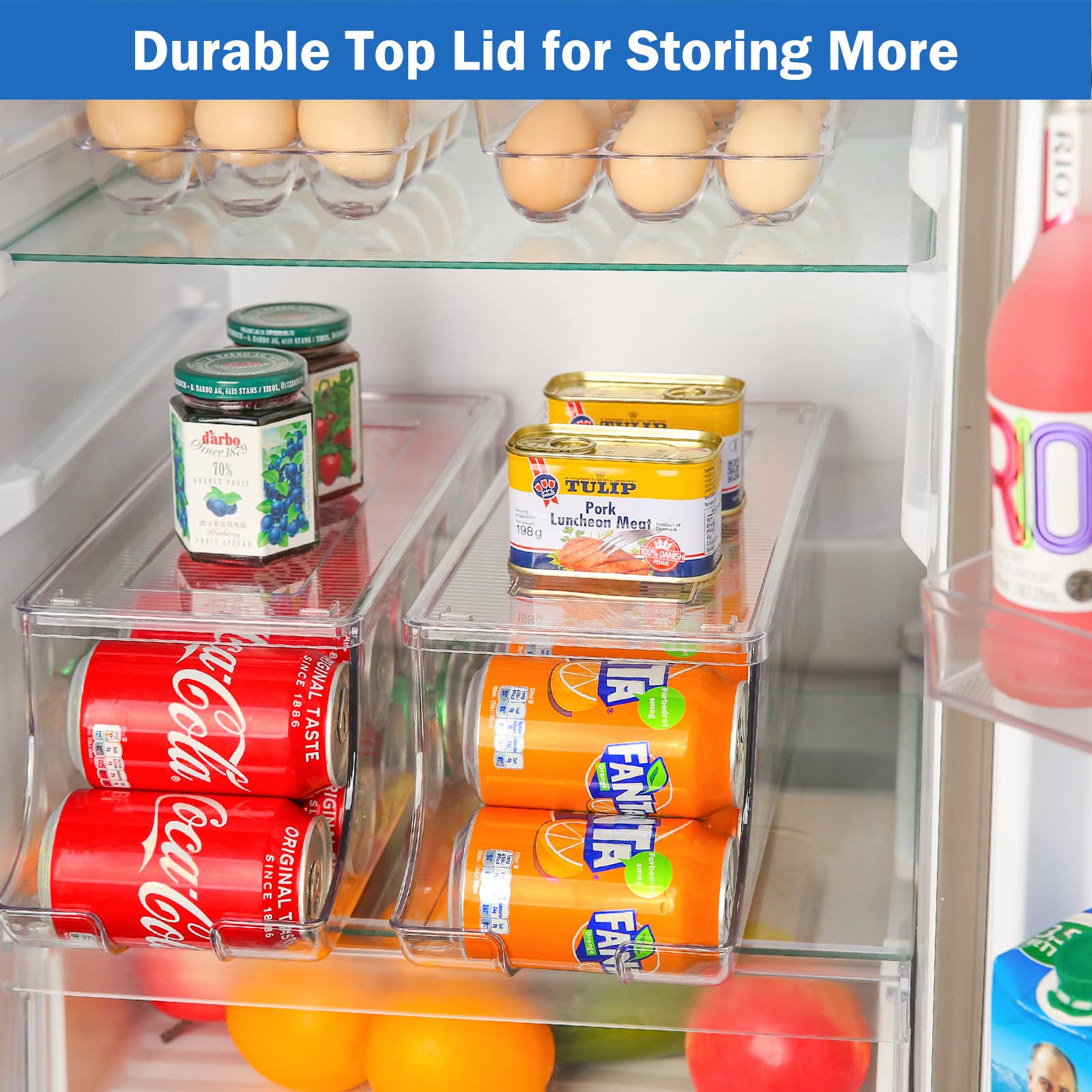 Puricon fridge bin with lid demonstrates stackable design for space-saving freezer storage
