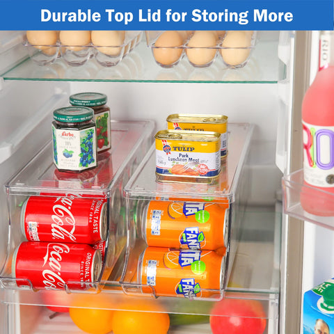 Puricon fridge bin with lid demonstrates stackable design for space-saving freezer storage