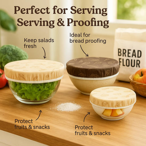 Purime beeswax bowl covers shown on 8-inch bowl for breathable storage