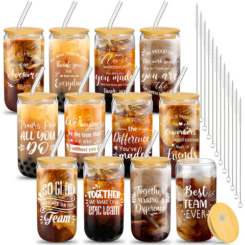 Purpeak 16 oz can-shaped glass cup with lid for hot or cold drinks.