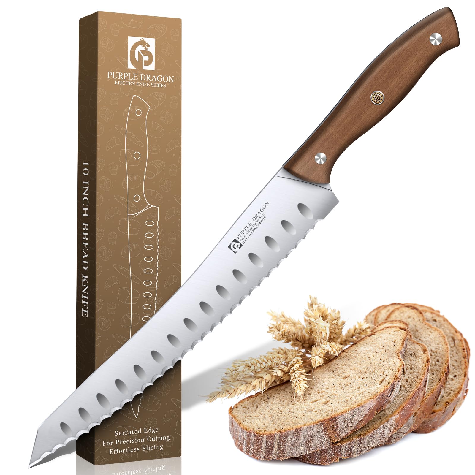 Purple Dragon bread knife with a 10-inch blade slicing sourdough precisely